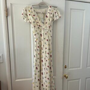 GAP x Doen Cream White Floral Midi Dress Cap Sleeves V Neck Size 8